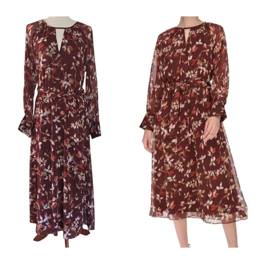Calvin Klein‎ Women Syrah Multi Floral A-Line Midi Dress Size 8 Round Neck Lined